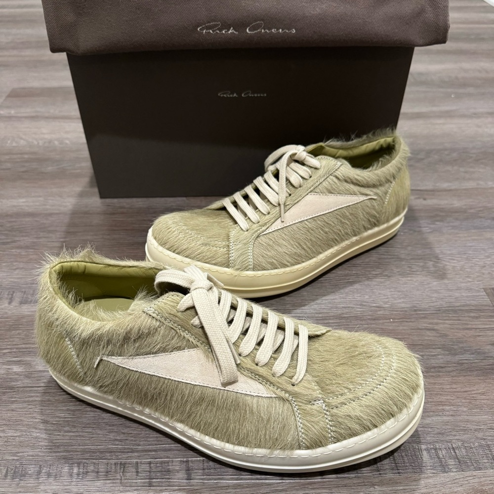 Rick Owens Porterville Vintage Calf Hair Sneakers in Dirty Acid and Milk